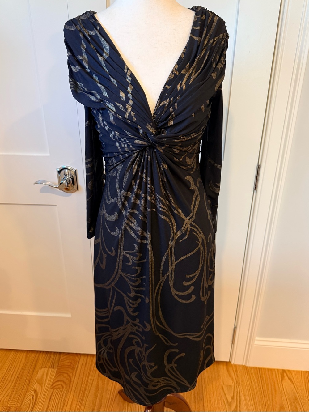 Tadashi Black Midi Dress with Gold Swirl Print and Twist Front
